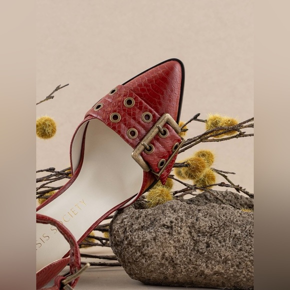 Croc-embossed Double Buckle Pointed Toe Heels - Oasis Society - Picture 4 of 5